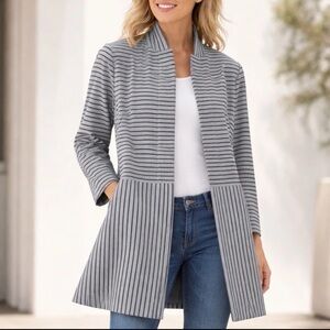 CAbi large Car Coat Long Jacket grey blue stripes professional career